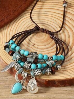 Boho Turquoise Multi-Strand Charm Bracelet - Women's Layered Bracelet